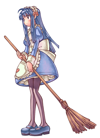 1girl 2000s_(style) ahoge alice_(ragnarok_online) apron back_bow bad_id black_eyes blue_dress blue_hair blue_shoes blunt_bangs bow broom brown_pantyhose closed_mouth commentary_request dress expressionless frilled_apron frills full_body hime_cut holding holding_broom juliet_sleeves korean_commentary long_hair long_sleeves looking_afar lowres maid maid_headdress mary_janes monster_gogo official_art pantyhose puffy_sleeves ragnarok_online shoes sidelocks simple_background solo white_apron white_background white_bow