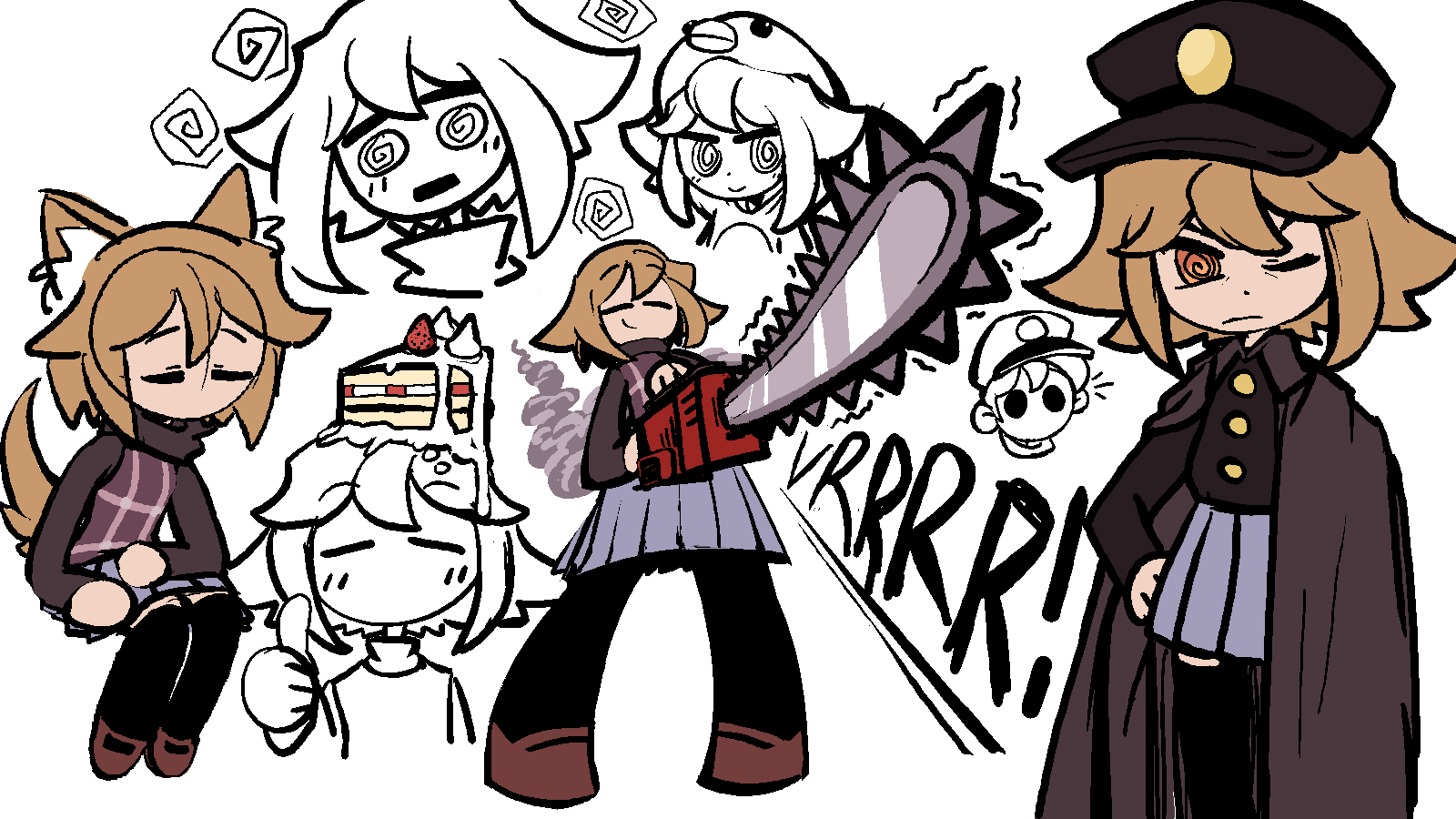 @_@ animal_ear_fluff animal_ears animal_hat black_eyes black_socks blue_dress brown_footwear cake cape cat_ears chainsaw closed_eyes cosmo_and_wadda dress flat_color food fruit hand_on_own_hip hat highres no_mouth one_eye_closed open_mouth police_hat socks strawberry urotsuki yume_2kki