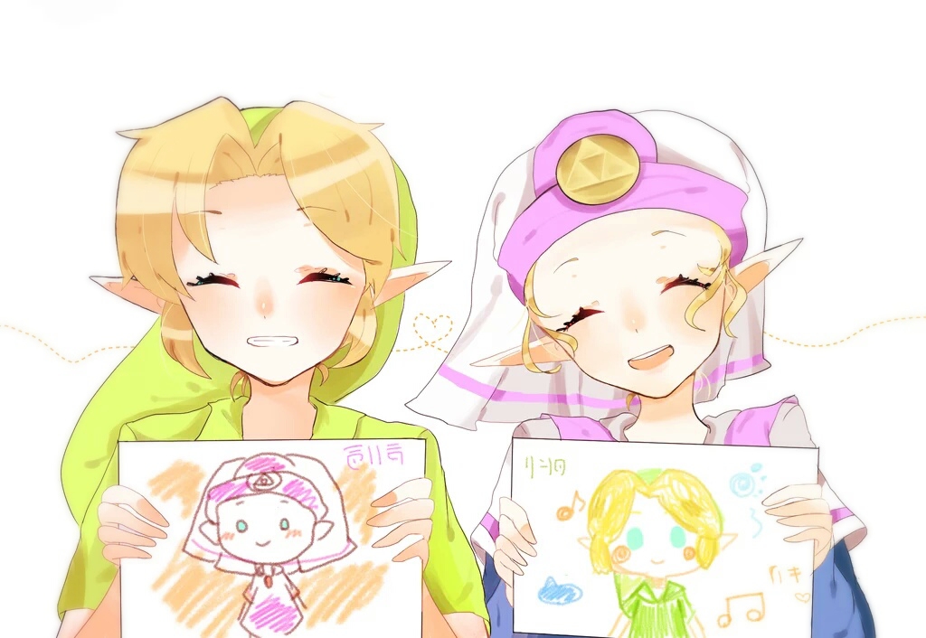 1boy 1girl blonde_hair child closed_eyes commentary_request drawing_(object) dress facing_viewer green_hat green_tunic grin hat holding holding_drawing link nintendo open_mouth pink_dress pink_hat pointy_ears princess_zelda short_sleeves side-by-side simple_background smile tbo_tkb the_legend_of_zelda the_legend_of_zelda:_ocarina_of_time translation_request triforce tunic two-tone_dress two-tone_headwear upper_body white_background white_dress white_hat young_link young_zelda