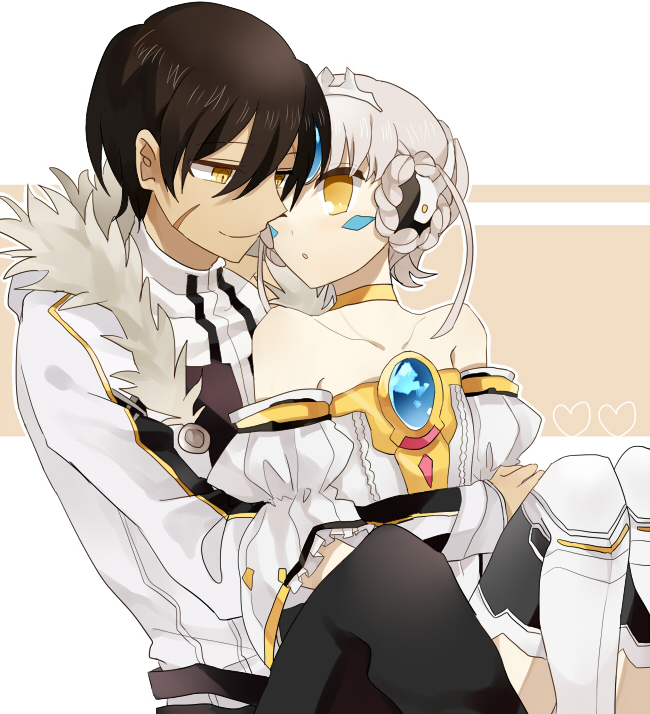 1boy 1girl :o bare_shoulders black_hair blade_master_(elsword) braid choker code:_empress_(elsword) couple dark_skin detached_sleeves dress elsword eve_(elsword) face-to-face facial_mark flat_chest forehead_jewel girl_on_top grey_hair heart hug hug_from_behind jacket mechanical_arms raven_cronwell robot_ears sakuraihum scar short_hair single_mechanical_arm sitting sitting_on_person smile thighhighs white_hair white_sleeves white_tiara yellow_choker yellow_eyes