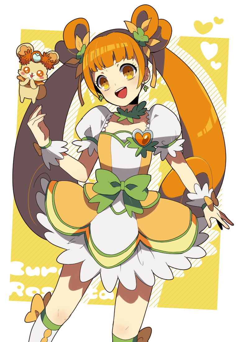 1girl boots bow brooch choker cure_rosetta dokidoki!_precure double_bun earrings flower hair_bun hair_flower hair_ornament heart heart_brooch jewelry long_hair magical_girl orange_hair precure rance_(dokidoki!_precure) ribbon sakuraba_hinano skirt smile twintails waist_bow wrist_cuffs yellow_eyes yotsuba_alice