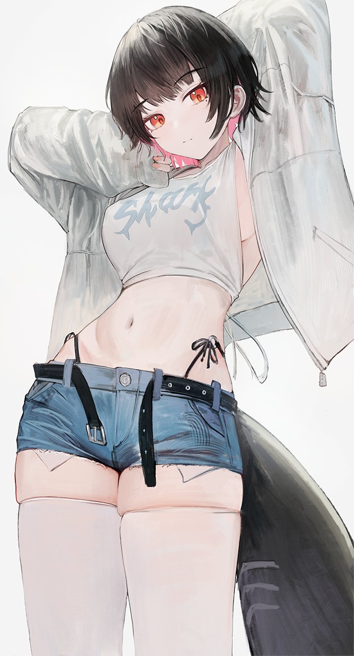 1girl alternate_costume arm_behind_head black_hair breasts closed_mouth colored_inner_hair denim denim_shorts ellen_joe fins fish_tail flippy_(cripine111) grey_background highres jacket long_sleeves looking_at_viewer mole mole_under_eye multicolored_hair navel open_clothes open_jacket shark_tail shirt short_hair shorts sideboob simple_background standing stomach tail thighhighs white_jacket white_shirt white_thighhighs zenless_zone_zero