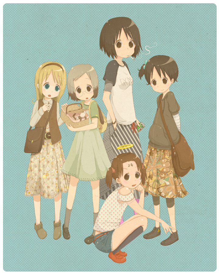 5girls ana_coppola bad_id bad_pixiv_id bag basket blonde_hair blue_eyes brown_eyes brown_hair capri_pants child cigarette denim denim_skirt dress ferret hair_bobbles hair_ornament hair_ribbon hairband halo head_rest hood hoodie ichigo_mashimaro itou_chika itou_nobue john kamo_(shiraokamo) kneehighs long_hair matsuoka_miu messenger_bag moccasins multicolored_hair multiple_girls pants polka_dot ribbon sakuragi_matsuri short_hair shoulder_bag siblings side_ponytail silver_hair sisters skirt smoke smoking socks squatting striped twintails two-tone_hair