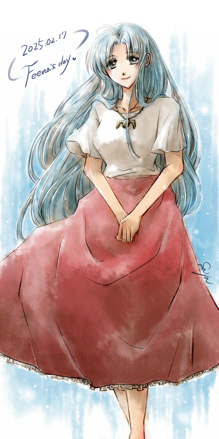 1girl ancient_ys_vanished blue_eyes blue_hair closed_mouth collarbone commentary_request curtained_hair dated feena_(ys) gold_necklace highres jewelry long_hair long_skirt necklace own_hands_together red_skirt shirt signature skirt smile solo usaya_saya very_long_hair white_shirt ys