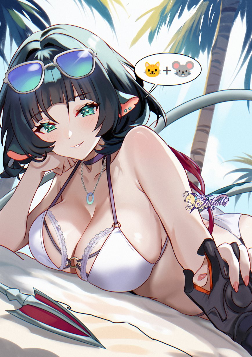 1boy 1girl alternate_costume animal_ears armpit_crease artist_logo bare_shoulders bikini black_gloves black_hair blue-tinted_eyewear blue_sky breasts commentary commission couple day english_commentary eyewear_on_head felielle fingernails glint gloves green_eyes hetero highres holding_hands interlocked_fingers jane_doe_(zenless_zone_zero) jewelry large_breasts light_blush logo long_hair looking_at_viewer lying mouse_ears mouse_girl mouse_tail multicolored_hair necklace on_stomach outdoors parted_lips pink_hair pov pov_hands ring ring_necklace seth_lowell sharp_tail sky smile solo_focus spoken_emoji sunglasses swimsuit tail tinted_eyewear two-tone_hair white-framed_eyewear white_bikini zenless_zone_zero
