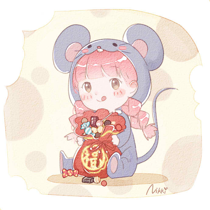 1girl :q animal_costume artist_request bag blunt_bangs blush_stickers border braid brown_eyes candy chibi chinese_commentary chinese_zodiac chocolate chupa_chups closed_mouth commentary_request copyright_name cosplay dot_nose food food-themed_background holding holding_bag kigurumi lollipop long_hair low_twin_braids mouse_costume nikki_(nikki) nikki_(series) official_art pink_hair polka_dot polka_dot_background shadow shining_nikki sitting smile solo tongue tongue_out twin_braids very_long_hair white_border year_of_the_rat yellow_background