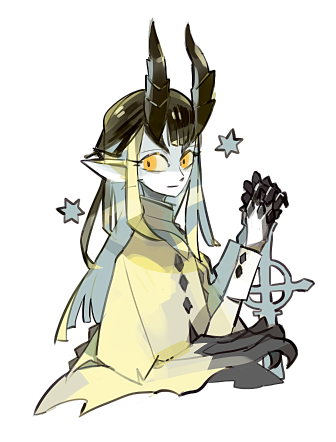 1girl black_claws black_hair black_horns blonde_hair clawed_hands colored_sclera commentary_request dragon_girl dragon_horns extra_arms gold_jacket holding holding_sword holding_weapon horns light_smile long_hair looking_at_viewer maio_(space_jct) monster_hunter_(series) multicolored_hair pale_skin personification pointy_ears shagaru_magala simple_background solo star_(symbol) sword two-tone_hair weapon white_background yellow_eyes yellow_sclera