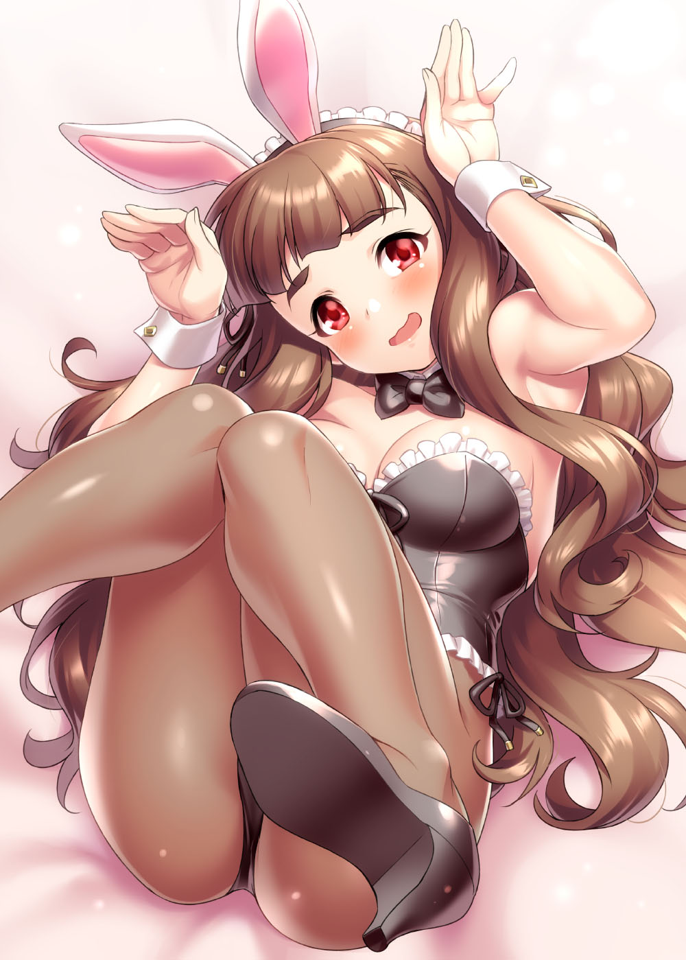 1girl animal_ears armpits ass bare_shoulders black_footwear black_leotard blunt_bangs blush breasts brown_hair brown_pantyhose cleavage commentary_request eyebrows fake_animal_ears female_focus frills hands_up high_heels highres idolmaster idolmaster_cinderella_girls kamiya_nao legs legs_up leotard long_hair looking_at_viewer maid_headdress medium_breasts open_mouth pantyhose playboy_bunny rabbit_ears rabbit_pose red_eyes smile solo thick_eyebrows wavy_hair wavy_mouth wrist_cuffs zen
