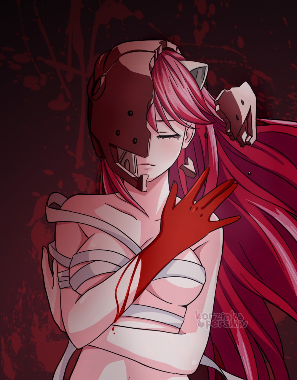 1girl blood blood_on_hands breasts broken_helmet budget_sarashi closed_eyes collarbone commentary_request derivative_work elfen_lied frown highres korzynka_persykiv long_hair lucy_(elfen_lied) medium_breasts nyuu sarashi signature solo ukrainian_commentary upper_body watermark
