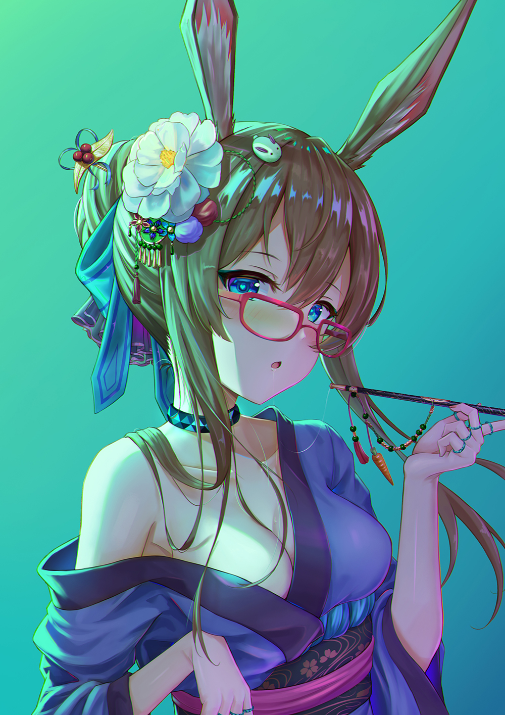 1girl :o amiya_(arknights) animal_ears arknights bare_shoulders blue_background blue_eyes blue_ribbon blush breasts brown_hair carrot choker cleavage collarbone dddsunsky flower glasses gradient_background green_background hair_between_eyes hair_flower hair_ornament hair_over_breasts hair_ribbon highres holding holding_smoking_pipe japanese_clothes jewelry kimono larten_crepsley long_hair looking_at_viewer open_clothes parted_lips rabbit_ears ribbon ring saliva saliva_trail sidelocks smoking_pipe solo