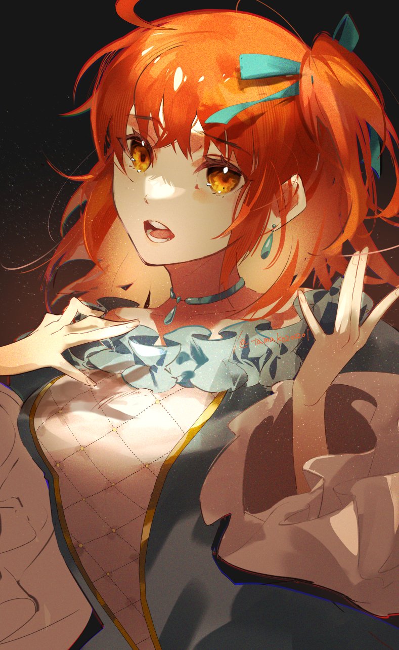 1girl blue_dress dark_background dress earrings evening_gown fate/grand_order fate_(series) fujimaru_ritsuka_(female) hair_ribbon hanako_(onikutabetaiyo) hand_on_own_chest hand_up high_side_ponytail highres jewelry looking_at_viewer medium_hair music necklace open_mouth orange_eyes orange_hair portrait ribbon singing upper_body