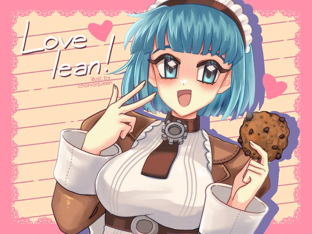 1girl :d alty_(ragnarok_online) apron blue_eyes blue_hair blunt_bangs blush bob_cut border breasts brown_dress brown_necktie chocolate_chip_cookie chorvaqueen commentary cookie dress english_commentary fingernails food frilled_apron frills heart holding holding_cookie holding_food kafra_uniform large_breasts looking_at_viewer maid maid_headdress necktie open_mouth outside_border pink_border ragnarok_online short_hair smile solo upper_body w