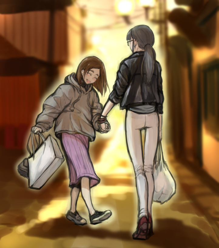 asakusa_midori bag brown_hair check_commentary closed_eyes commentary commentary_request eizouken_ni_wa_te_wo_dasu_na! from_behind glasses henriiku_(ahemaru) holding holding_bag holding_hands hood hood_down hoodie kanamori_sayaka plastic_bag ponytail shopping_bag short_hair