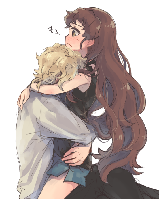 1boy 1girl black_pants black_shirt blonde_hair blue_shorts blush brown_eyes brown_hair closed_mouth couple embarrassed from_side girl_on_top grey_shirt hetero isuzu_(log_horizon) log_horizon long_hair lunderhaus_cord mo_(deciliter) pants shirt short_shorts shorts side_slit sketch sleeveless sleeveless_shirt very_long_hair