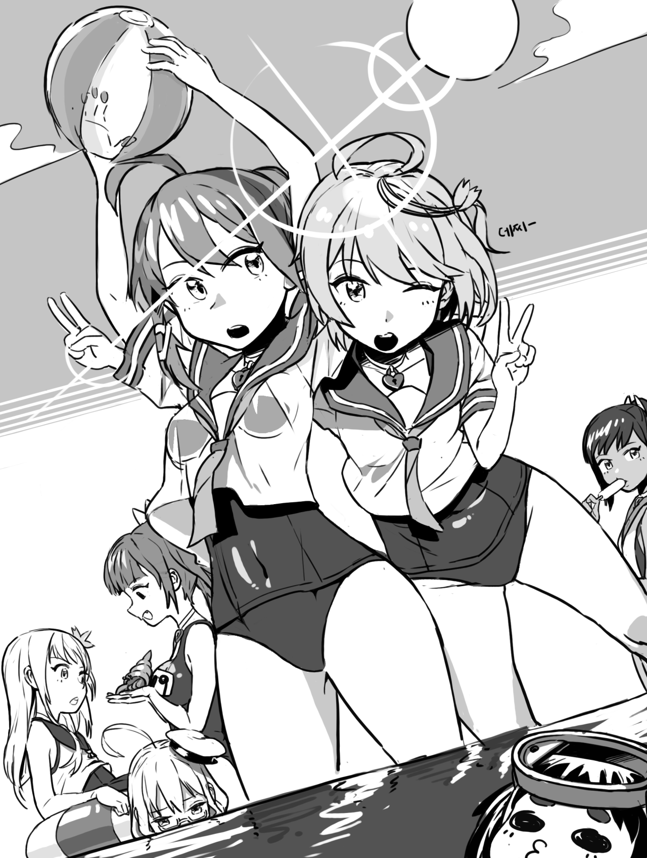6+girls ahoge arms_up ball beachball breasts commentary covered_navel day double_v english_commentary food gom_(kooskoo) hair_between_eyes hair_ornament hat hermit_crab highres holding holding_food holding_popsicle i-168_(kancolle) i-19_(kancolle) i-401_(kancolle) i-58_(kancolle) i-8_(kancolle) innertube kantai_collection long_hair maru-yu_(kancolle) medium_breasts monochrome multiple_girls o3o one-piece_swimsuit one_eye_closed open_mouth outdoors ponytail popsicle ro-500_(kancolle) sailor_collar short_sleeves swim_ring swimsuit v