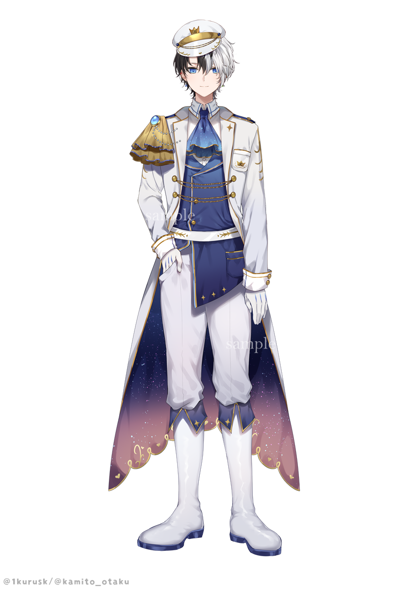 1boy ascot black_hair blue_ascot blue_eyes blue_vest boots closed_mouth collared_shirt dress_shirt full_body gloves grey_hair hair_between_eyes hand_in_pocket hat highres indie_virtual_youtuber jacket kamito_(vtuber) knee_boots long_sleeves mafuyu_(chibi21) male_focus multicolored_hair official_art open_clothes open_jacket pants peaked_cap sample_watermark shirt simple_background smile solo standing twitter_username two-tone_hair vest virtual_youtuber watermark white_background white_boots white_gloves white_hat white_jacket white_pants white_shirt