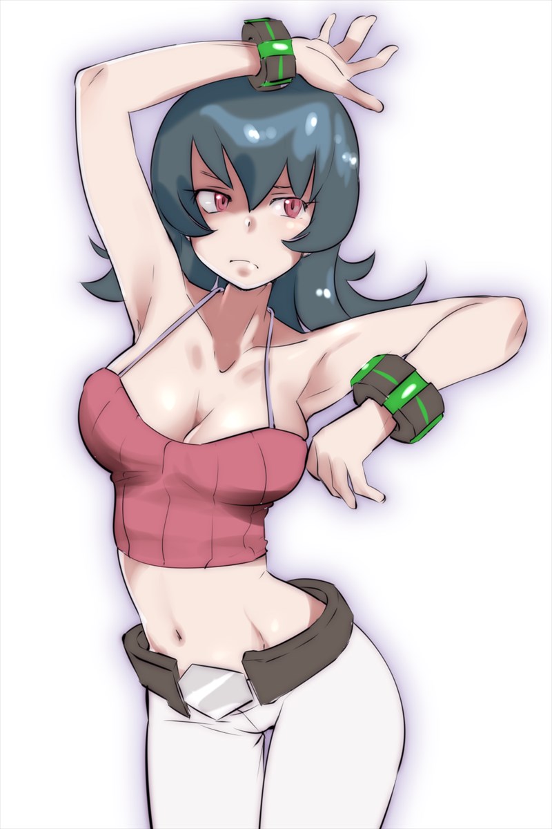1girl arm_up armpits bad_id bad_pixiv_id bare_shoulders black_hair blue_hair breasts cleavage closed_mouth cowboy_shot female_focus groin gym_leader highres large_breasts long_hair midriff navel nintendo pants pokemon pokemon_hgss red_eyes sabrina_(pokemon) solo thigh_gap white_pants zaitsu