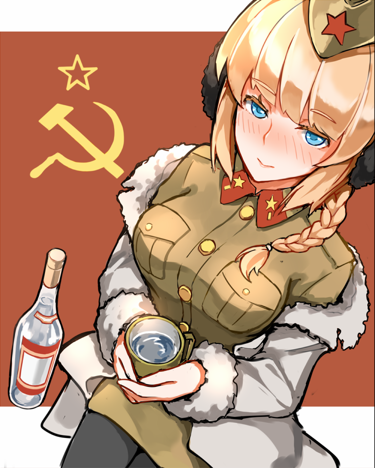 15k 1girl alcohol blonde_hair blue_eyes blush bottle braid brown_hat brown_shirt brown_skirt buttons coat cowboy_shot cup earmuffs eyebrows flag_background from_above fur_trim garrison_cap hammer_and_sickle hat holding holding_cup kirov_(warship_girls_r) lipstick looking_at_viewer makeup military military_uniform mug pantyhose pocket shirt sitting skirt solo soviet_flag star_(symbol) stolichnaya_(vodka) vodka warship_girls_r