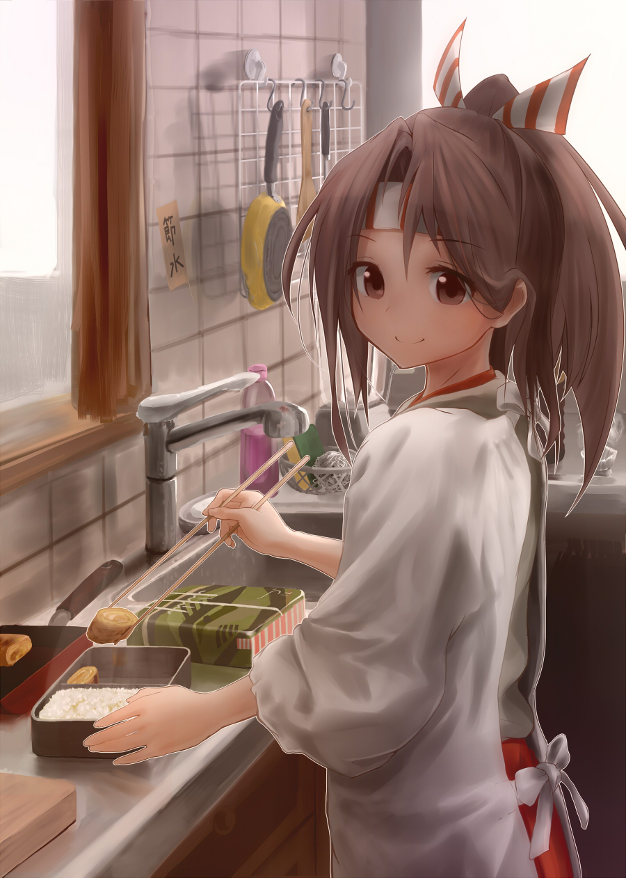 10s 1girl apron back bad_id bad_pixiv_id bento blouse brown_eyes brown_hair chopsticks cooking female_focus food frying_pan genso hachimaki hair_ribbon hakama hakama_pants hakama_shorts headband high_ponytail highres japanese_clothes kantai_collection kappougi kitchen light_brown_hair long_hair looking_at_viewer looking_back lunchbox makiyakinabe omelet pants personification ponytail ribbon rice shirt shorts sink smile solo tamagoyaki zuihou_(kancolle)