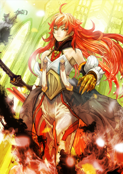 1boy arm_at_side asai_genji bare_shoulders bishounen brahmastra_(fate/grand_order) closed_mouth elbow_gloves fate/grand_order fate_(series) feet_out_of_frame gloves gorget hair_between_eyes halterneck hand_up holding holding_sword holding_weapon long_hair looking_to_the_side male_focus official_art pants rama_(fate) red_eyes red_hair sidelocks solo sword third-party_source v-shaped_eyebrows variant_set weapon white_pants