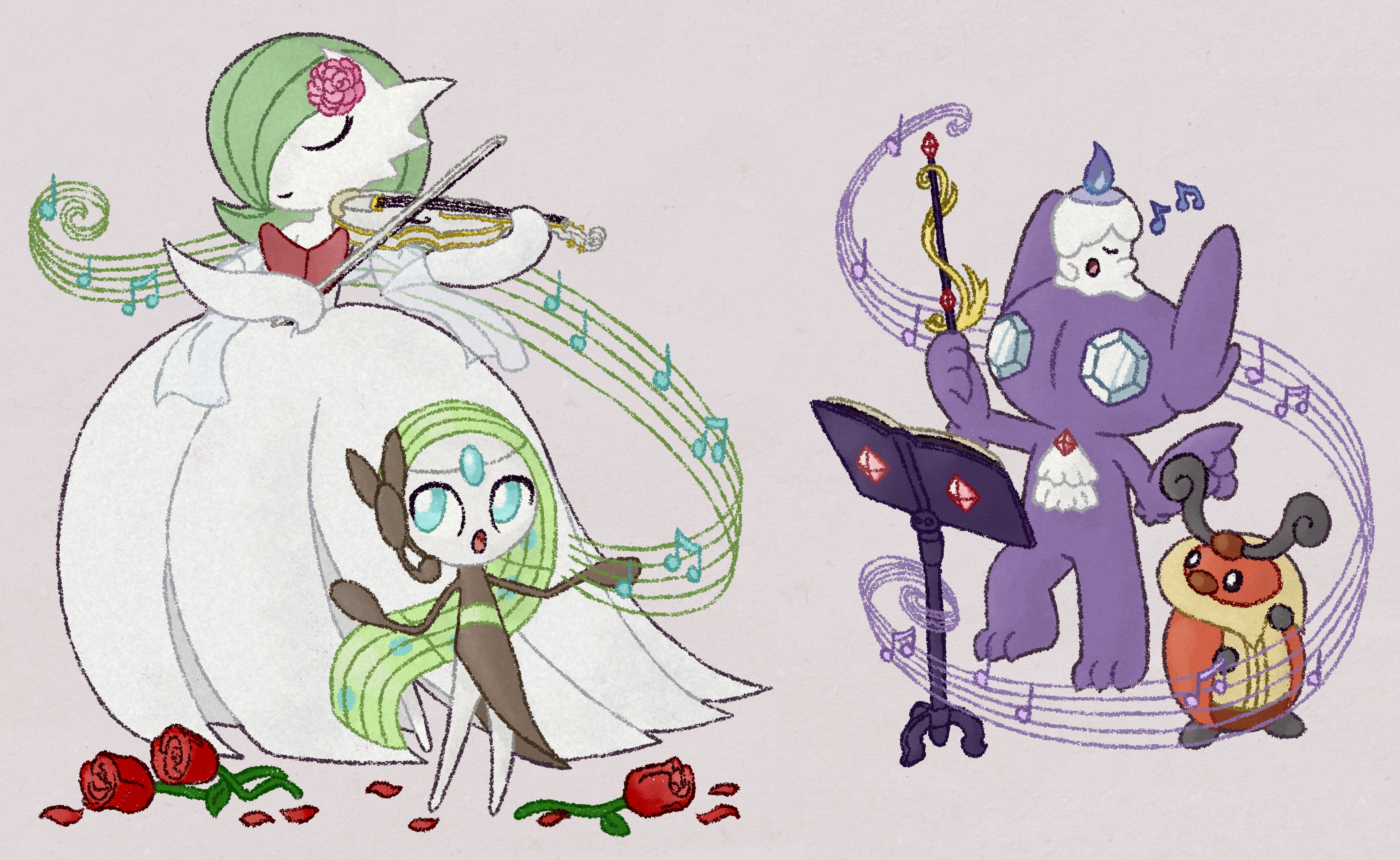 absurdres blue_eyes bug closed_eyes colored_skin dress elbow_gloves flower gardevoir gen_3_pokemon gen_4_pokemon gen_5_pokemon gloves grey_background highres instrument kricketot legendary_pokemon litwick mega_gardevoir mega_pokemon meloetta meloetta_(aria) music musical_note mythical_pokemon nintendo on_head pink_flower pokemon pokemon_(creature) pokemon_on_head purple_skin red_flower red_rose rose sableye simple_background singing smile violin white_dress white_gloves white_skin zakkurz