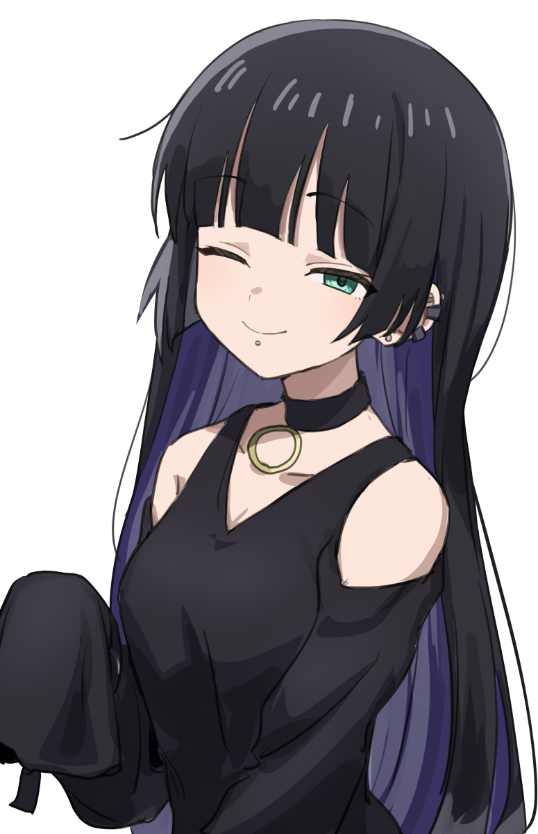 1girl black_hair blue_hair bocchi_the_rock! breasts cleavage closed_mouth colored_inner_hair gazacy_(dai) green_eyes highres long_hair medium_breasts multicolored_hair one_eye_closed pa-san piercing simple_background smile solo white_background