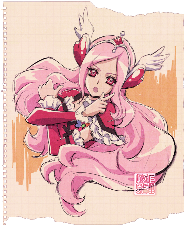 1girl artist_logo cure_passion diamond_hair_ornament dutch_angle fresh_precure! frills graph_paper hair_ornament heart heart_hair_ornament higashi_setsuna index_finger_raised kamikita_futago logo long_hair looking_at_viewer magical_girl open_mouth pink_hair precure red_arm_warmers red_eyes solo stamp_mark tiara torn_paper upper_body wing_hair_ornament