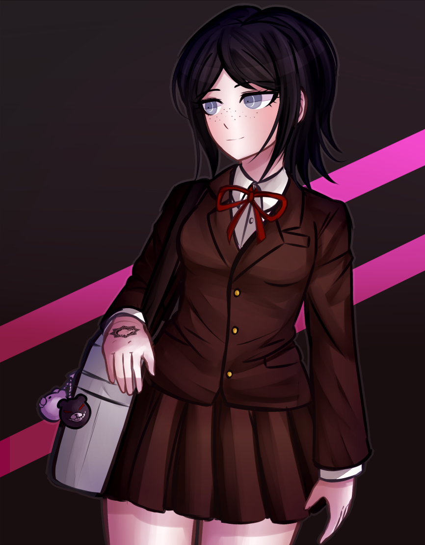 1girl alternate_costume arm_at_side bag bear_charm black_hair blouse blush breasts brown_jacket brown_skirt closed_mouth collared_shirt commentary contrapposto cowboy_shot danganronpa:_trigger_happy_havoc danganronpa_(series) grey_eyes hand_tattoo holding hope&#039;s_peak_academy_school_uniform ikusaba_mukuro jacket ktokei_(kurokku-tokei) long_sleeves looking_to_the_side medium_breasts miniskirt monokuma multicolored_background neck_ribbon official_style pleated_skirt purple_eyes red_ribbon ribbon school_bag school_uniform shirt short_hair skirt smile solo standing tattoo white_shirt