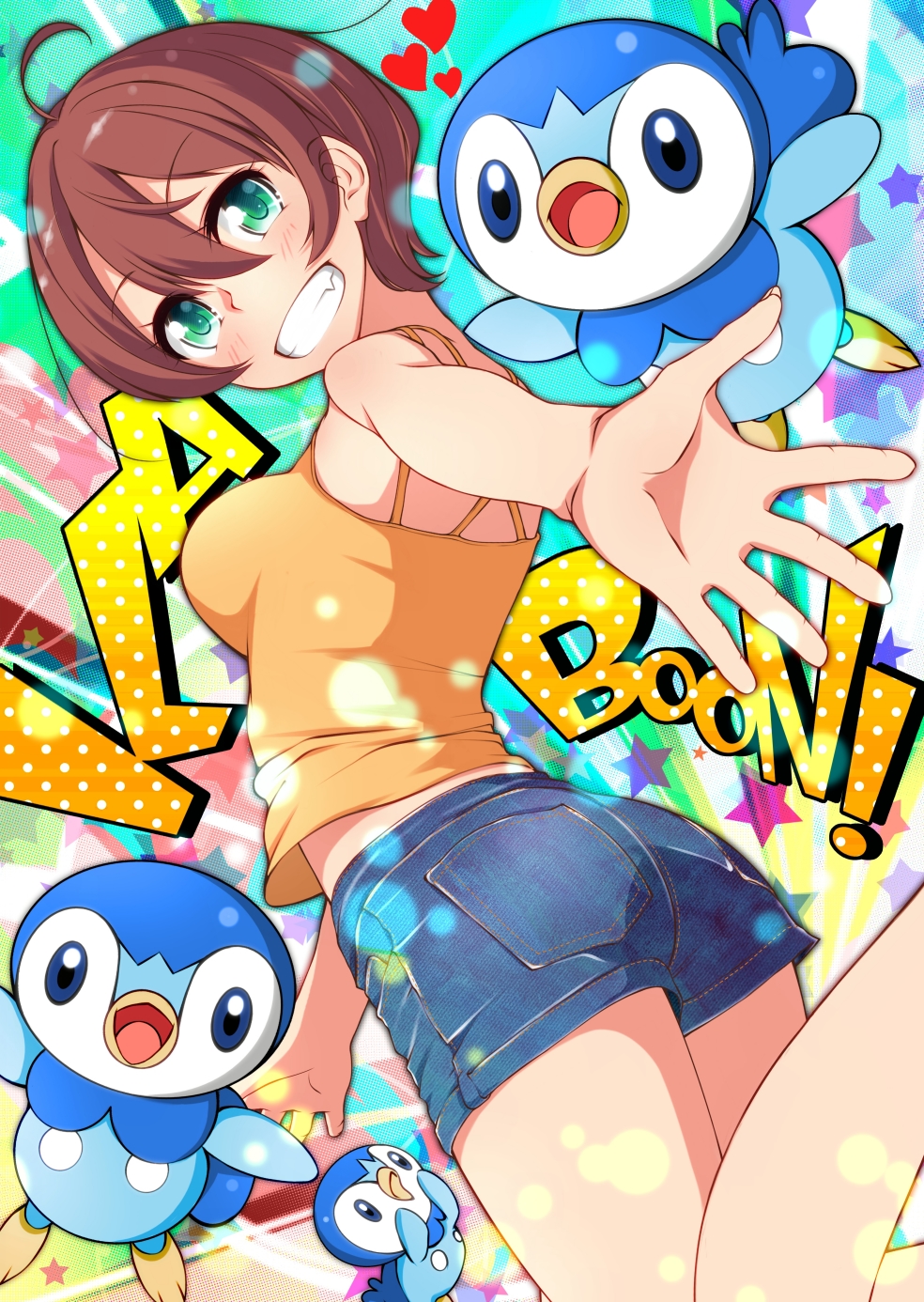 1girl ahoge bare_arms bare_shoulders blue_shorts breasts brown_hair chuutaro_metal commentary_request crossover denim denim_shorts gen_4_pokemon green_eyes grin highres looking_at_viewer looking_back medium_breasts midriff_peek new_game! nintendo orange_shirt outstretched_arm piplup pokemon shinoda_hajime shirt short_hair short_shorts shorts sleeveless sleeveless_shirt smile solo spaghetti_strap