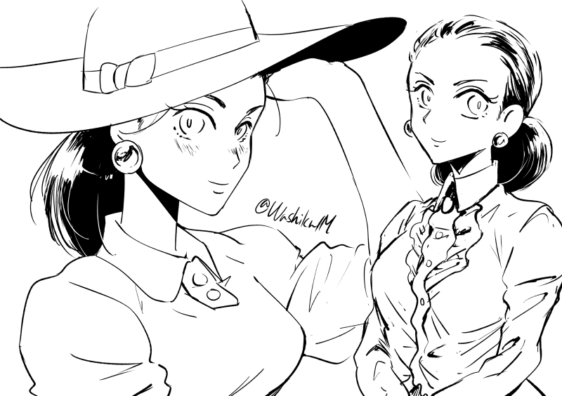 1girl dress earrings greyscale hair_bun hat jewelry jojo_no_kimyou_na_bouken lisa_lisa long_hair maddy monochrome multiple_views single_hair_bun smile sun_hat twitter_username