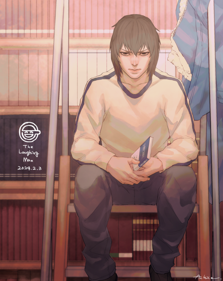 1boy achio888 aoi_(gits) black_pants blue_jacket book bookshelf closed_mouth denim expressionless ghost_in_the_shell ghost_in_the_shell:_stand_alone_complex hair_between_eyes holding holding_book indoors jacket jeans laughing_man_(gits) looking_at_viewer male_focus on_ladder pants shirt short_hair sitting solo white_shirt