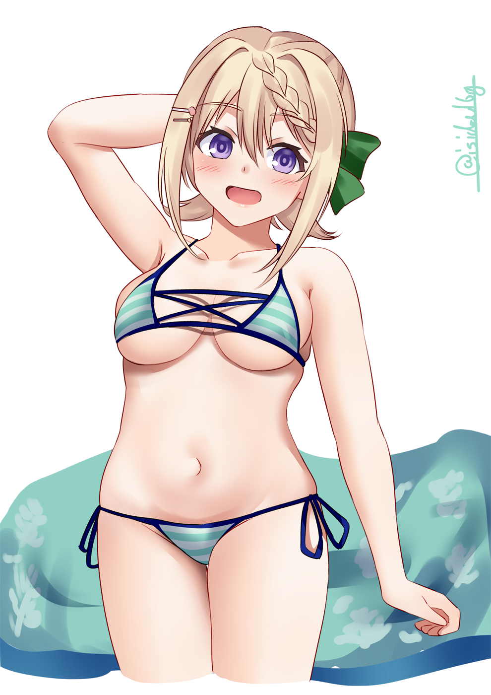 1girl bikini blonde_hair bow breasts cleavage cropped_legs cross-laced_bikini cross-laced_clothes green_bow hair_between_eyes hair_bow hair_ornament hairclip highres ishida_arata kantai_collection looking_at_viewer medium_breasts navel official_alternate_costume perth_(kancolle) perth_(swimsuit)_(kancolle) purple_eyes side-tie_bikini_bottom smile solo striped_bikini striped_clothes swimsuit twitter_username underboob