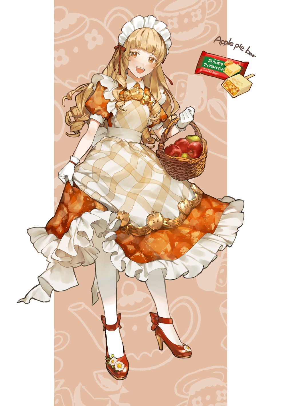 1girl :d ankle_ribbon apple apple_pie apron back_bow basket blonde_hair blunt_bangs border bow bright_pupils collared_dress daisy_(flower) dress flower food footwear_flower frilled_dress frills fruit full_body gloves gold_trim high_heels highres holding holding_basket ice_cream ice_cream_bar leg_ribbon looking_at_viewer maid_apron maid_headdress open_mouth orange_background orange_dress orange_shoes original otani_(gloria) outside_border pantyhose patterned_background patterned_clothing personification pie pillarboxed plaid_apron plaid_clothes puffy_short_sleeves puffy_sleeves ribbon ringlets shoes short_sleeves skirt_hold smile solo standing teeth upper_teeth_only white_border white_flower white_gloves white_pantyhose white_pupils yellow_apron yellow_eyes