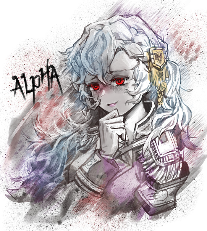 abstract_background alpha_(alpha_1918) armband blush breasts buttoned_cuffs buttons character_signature collar curly_hair dirt english_text epaulettes evil_smile findoworld gloves glowing glowing_eyes greyscale hair_ornament high_collar jacket lips long_hair medium_breasts military_jacket military_uniform monochrome neck official_art original parted_lips red_eyes russia russian_empire smile sputnik_and_pogrom white_background white_gloves white_hair white_jacket