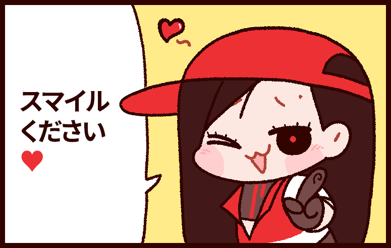 black_gloves black_shirt blush brown_hair cropped_shirt gloves hand_up hat heart index_finger_raised jacket long_hair looking_at_viewer mob_cap one_eye_closed open_mouth red_hat red_jacket red_pupils shirt solid_circle_eyes speech_bubble spoken_heart synthesizer_v takulai translation_request vimalion_pro yellow_background yi_xi_(synthesizer_v)