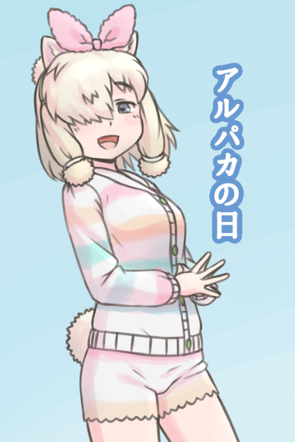 1girl acesrulez alpaca_ears alpaca_girl alpaca_suri_(kemono_friends) alpaca_tail animal_ears blue_eyes blue_shirt blush bow green_shirt hair_bow hair_bun hair_over_one_eye hair_tubes kemono_friends kemono_friends_3 long_sleeves looking_at_viewer multicolored_shirt multicolored_shorts official_alternate_costume open_mouth orange_shirt pajamas pink_bow pink_shirt shirt short_hair short_shorts shorts smile solo striped_clothes striped_shirt tail translation_request white_hair white_shirt