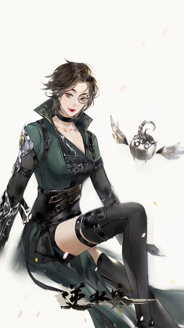 1girl belt belt_bag black-framed_eyewear black_bag black_choker black_corset black_gloves black_shirt black_skirt black_thighhighs breasts brown_hair character_name character_request chinese_commentary choker cleavage closed_mouth coat collarbone collared_coat commentary_request corset feet_out_of_frame gloves green_coat green_eyes grey_background high_collar invisible_chair knee_up layered_sleeves light_smile lipstick long_sleeves makeup miniskirt monocle multiple_belts nishui_han parted_bangs petals pleated_skirt realistic red_lips robot round_eyewear shirt short_hair short_over_long_sleeves short_sleeves simple_background sitting skirt solo swept_bangs thick_eyebrows thigh_belt thigh_strap thighhighs ye_dian_pikaqiu