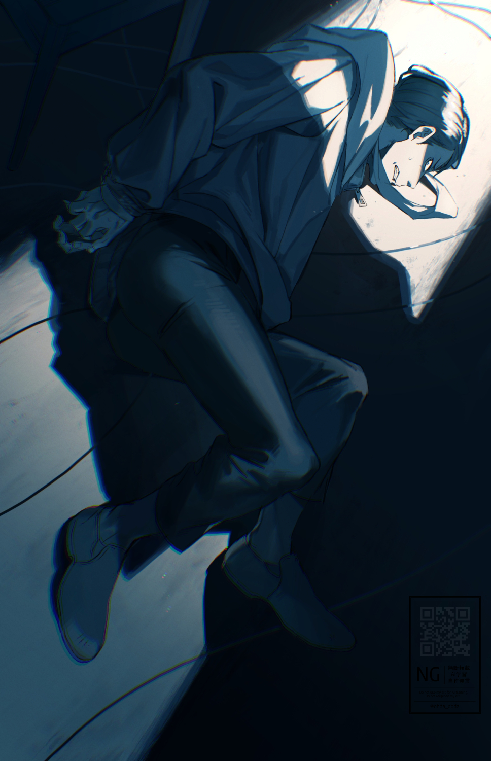1boy arms_behind_back blue_theme bound bound_wrists clenched_teeth commentary_request full_body highres hood hood_down hooded_jacket indoors jacket long_sleeves looking_at_viewer lying male_focus monochrome nervous on_side pants profile restrained saida_(ohda_ooda) shaded_face shadow shoes short_hair solo teeth toshi_densetsu_kaitai_center yamada_gasmask