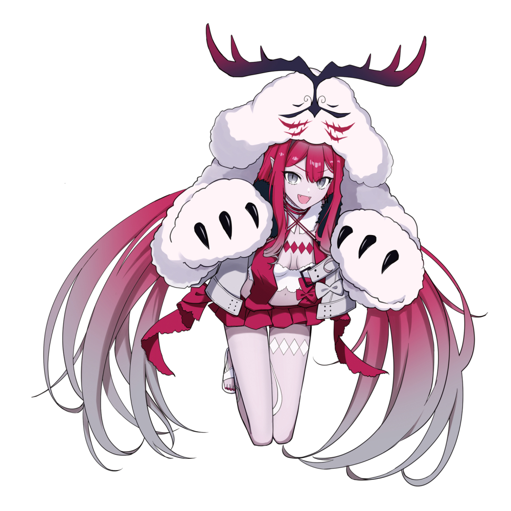 1girl baobhan_sith_(fate) baobhan_sith_(swimsuit_pretender)_(first_ascension)_(fate) breasts cernunnos_(fate) character_hood detached_collar fate/grand_order fate_(series) fur-trimmed_jacket fur_trim grey_eyes hands_up headwear_with_attached_mittens jacket kneeling long_hair looking_at_viewer navel open_mouth pink_hair pink_skirt pointy_ears sidelocks skirt smile solo torinonest white_background white_jacket
