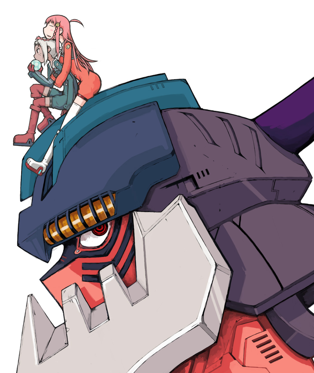 00s 2girls dark-skinned_female dark_skin dix-neuf eating highres lal&#039;c_mellk_mal long_hair mecha multiple_girls nono_(top_wo_nerae_2!) pink_hair robot romper short_hair thighhighs top_wo_nerae!_(series) top_wo_nerae_2! white_hair