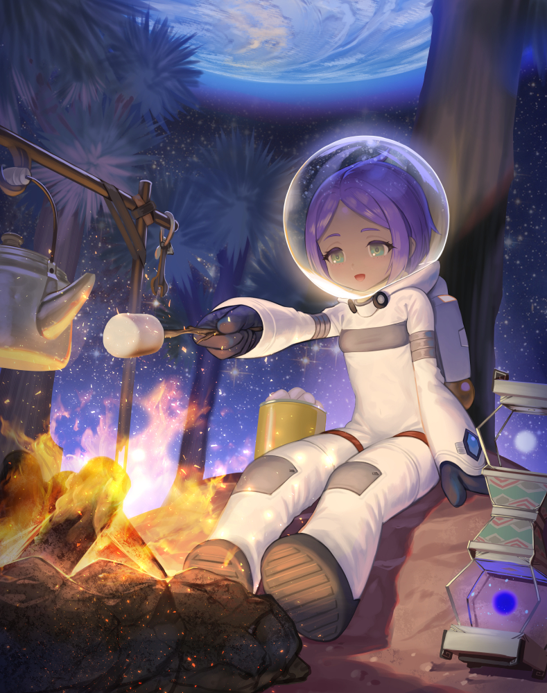 1girl astronaut blue_eyes campfire coco_mercury dark-skinned_female dark_skin fire food full_body helmet kagimiya_mello kettle last_origin marshmallow open_mouth outer_wilds palm_tree purple_hair sand short_hair smile solo space space_helmet spacesuit tree