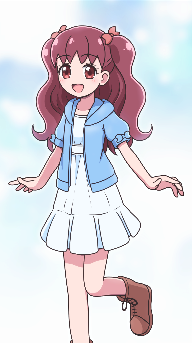 1girl alternate_costume bare_legs blue_background blue_jacket blush boots bow brown_boots casual collarbone commentary dot_nose dress foot_out_of_frame gradient_background hair_bow hair_ornament highres hood hooded_jacket jacket kanie_(precure) kato-shun lace-up_boots long_hair looking_at_viewer open_clothes open_jacket open_mouth orange_bow precure red_eyes red_hair short-sleeved_jacket short_dress short_sleeves sleeve_bow smile solo standing standing_on_one_leg twintails two-tone_background white_background white_dress wonderful_precure!