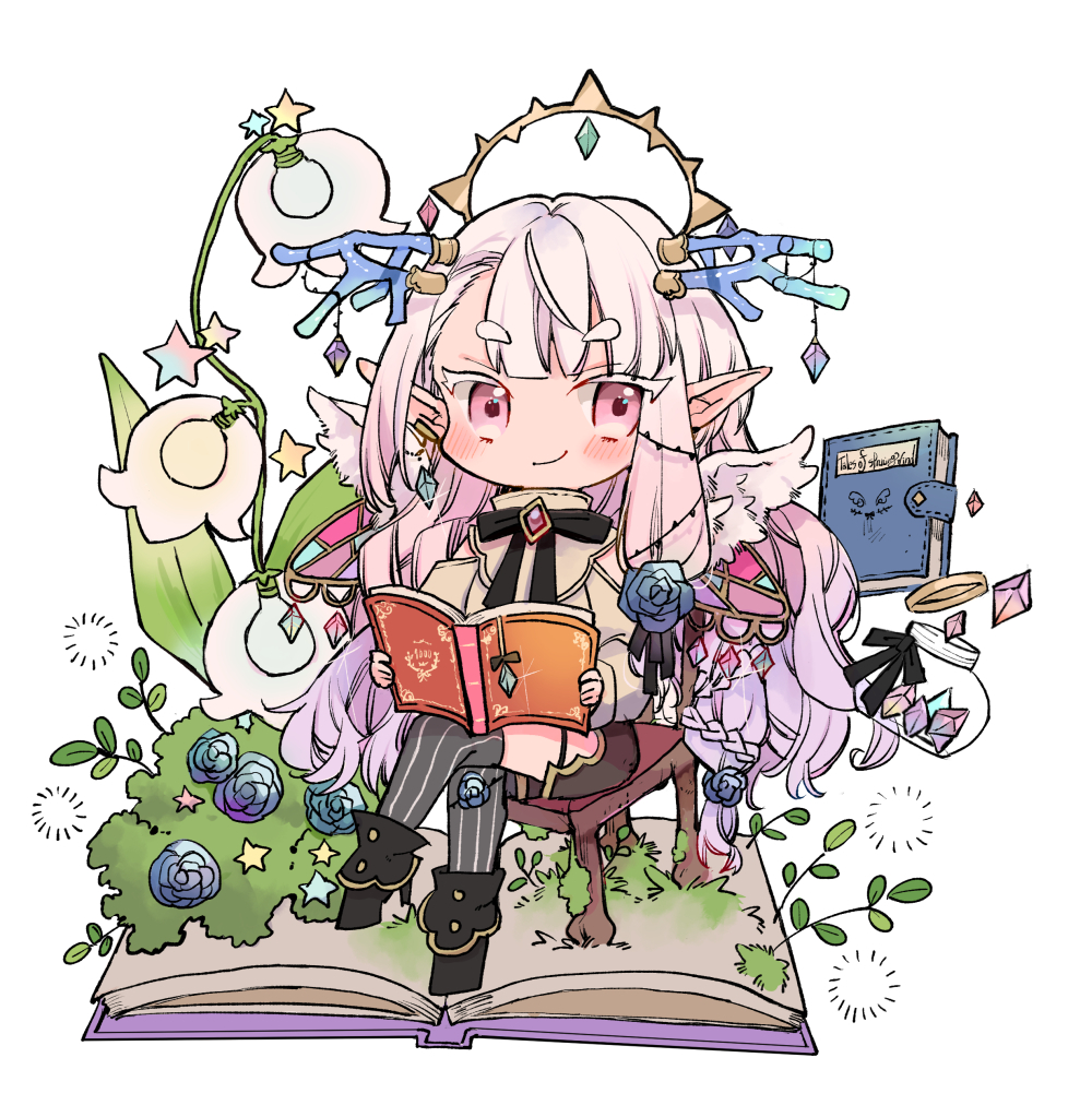 black_boots black_shorts blue_flower blue_rose blush book boots brown_shoes chair chibi closed_mouth feathered_wings flower grey_thighhighs hair_flower hair_ornament halo holding holding_book indie_virtual_youtuber light_bulb long_sleeves looking_at_viewer mito_(go!go!king!) on_chair open_book pink_eyes pink_hair pinstripe_thighhighs pointy_ears puffy_long_sleeves puffy_sleeves ravula_fuju rose shoes short_eyebrows short_shorts shorts simple_background sitting sleeves_past_wrists smile thick_eyebrows thighhighs thighhighs_under_boots virtual_youtuber white_background white_wings wings