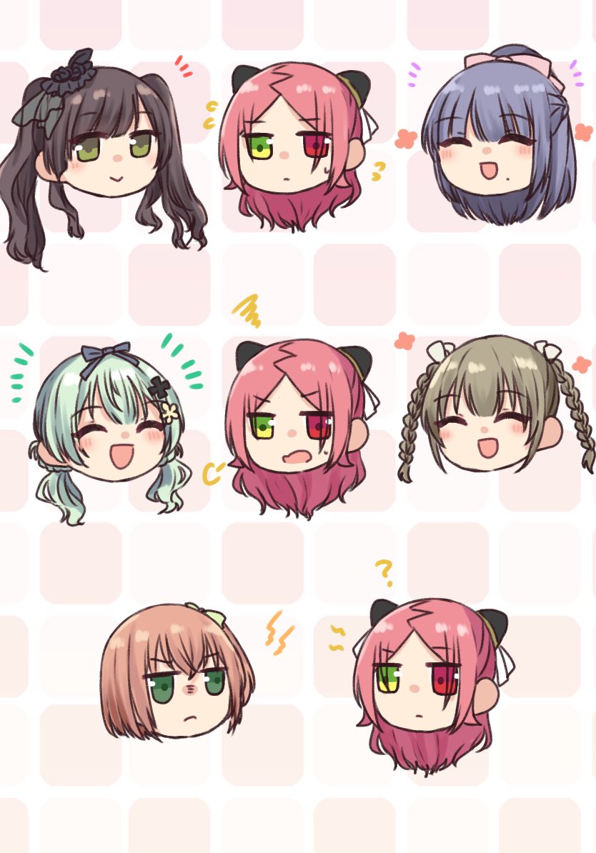 6+girls :d ? ^_^ amamiya_sophia_seren assault_lily black_flower blush bow braid brown_hair chibi closed_eyes closed_mouth commentary flower flower_symbol flying_sweatdrops french_braid fukuyama_jeanne_sachie green_bow green_eyes green_hair grey_bow grey_hair grid_background hair_bow hair_flower hair_ornament hair_ribbon hairpods half_updo head_only heterochromia kamigoori_marimo kishimoto_lucia_raimu lightning_bolt_symbol long_hair looking_ahead looking_at_another looking_to_the_side low_twintails mole mole_under_eye multiple_girls multiple_views nigari_(ngari_0115) notice_lines one_side_up open_mouth orange_hair parted_bangs pink_background pink_bow puff_of_air red_eyes red_hair ribbon shiba_tomoshibi short_hair sideways_glance smile squiggle sweatdrop twin_braids twintails ueda_imari v-shaped_eyebrows wavy_hair wavy_mouth white_ribbon yellow_flower