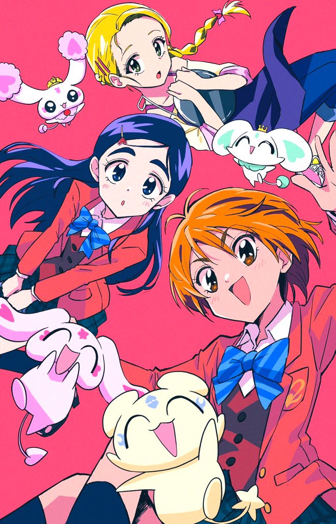 3girls :o apron black_skirt black_socks blazer blonde_hair blue_bow blue_bowtie blue_eyes blue_hair blue_pants bow bowtie braid braided_ponytail brown_eyes brown_hair casual commentary dress_shirt floating futari_wa_precure futari_wa_precure_max_heart hair_ornament hair_ribbon hairpin holding holding_tray jacket kujou_hikari long_hair long_sleeves looking_at_viewer lulun mepple miniskirt mipple misumi_nagisa multiple_girls open_mouth pants pink_ribbon pink_shirt pink_shoes pleated_skirt porun precure red_background red_jacket red_vest ribbon school_uniform shirt shoes short_hair simple_background single_braid skirt smile sneakers socks tray verone_gakuin_school_uniform vest wanoji white_shirt wing_collar yukishiro_honoka