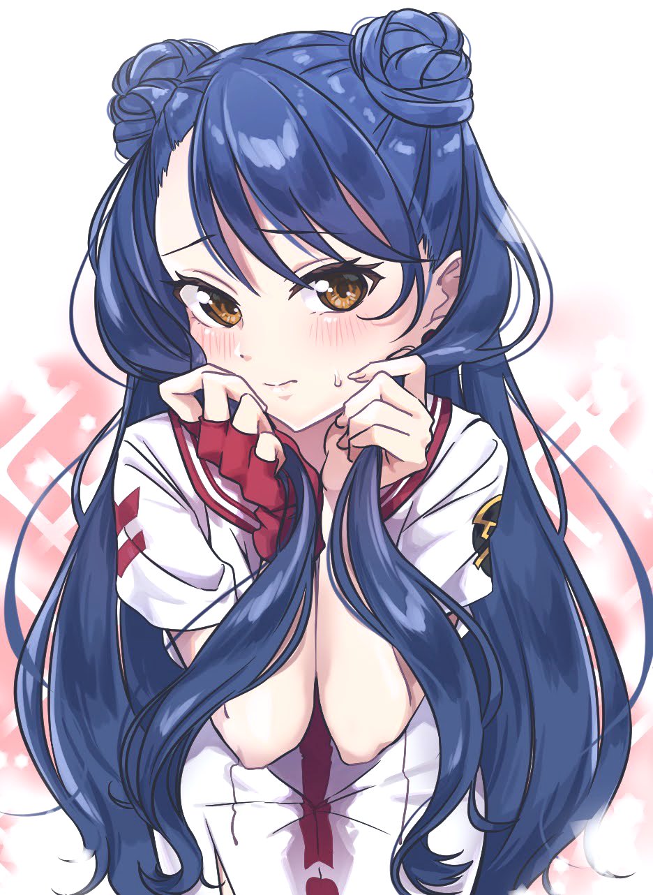1girl aika_granzchesta aogirism aria_(manga) aria_the_natural blue_hair blush earrings fingerless_gloves gloves highres himeya_company_uniform holding holding_own_hair jewelry long_hair looking_at_viewer red_gloves short_sleeves solo sweatdrop swept_bangs upper_body yellow_eyes