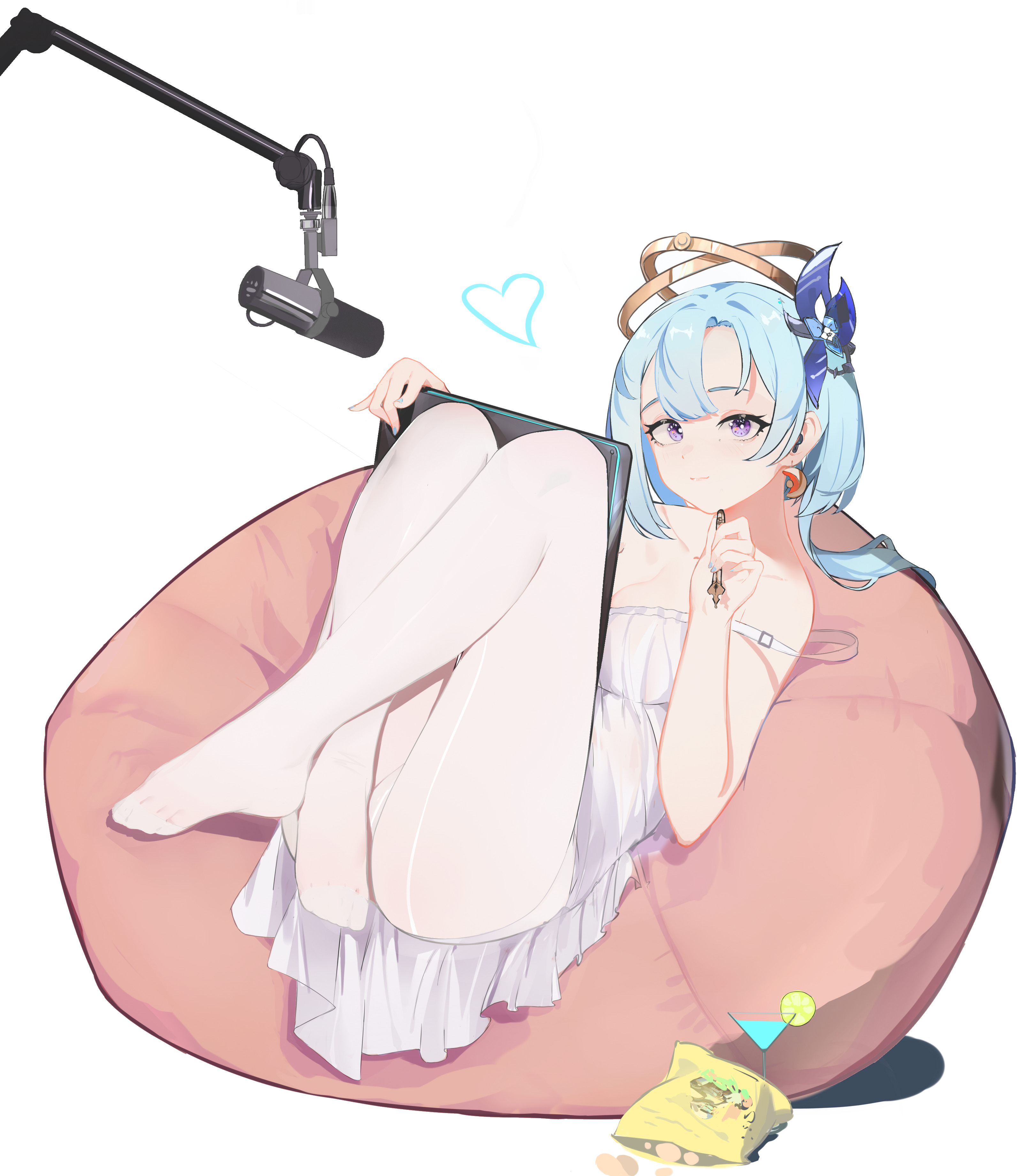 absurdres blue_hair breasts chips_(food) cleavage cocktail_glass commentary_request couch crescent crescent_earrings crossed_ankles cup drawing_tablet dress drinking_glass earrings feet flower food griseo griseo_(cosmic_expression) hair_flower hair_ornament highres holding holding_drawing_tablet holding_pen honkai_(series) honkai_impact_3rd jewelry large_breasts long_hair looking_at_viewer microphone no_shoes on_couch panties pantyhose pen potato_chips simple_background smile studio_microphone toes underwear white_background white_dress white_panties white_pantyhose yinglemao