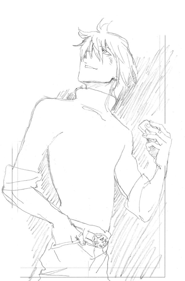 1boy belt kekkai_sensen lighter looking_away male_focus md5_mismatch monochrome nakamura_yutaka resized sketch solo zap_renfro zippo_lighter