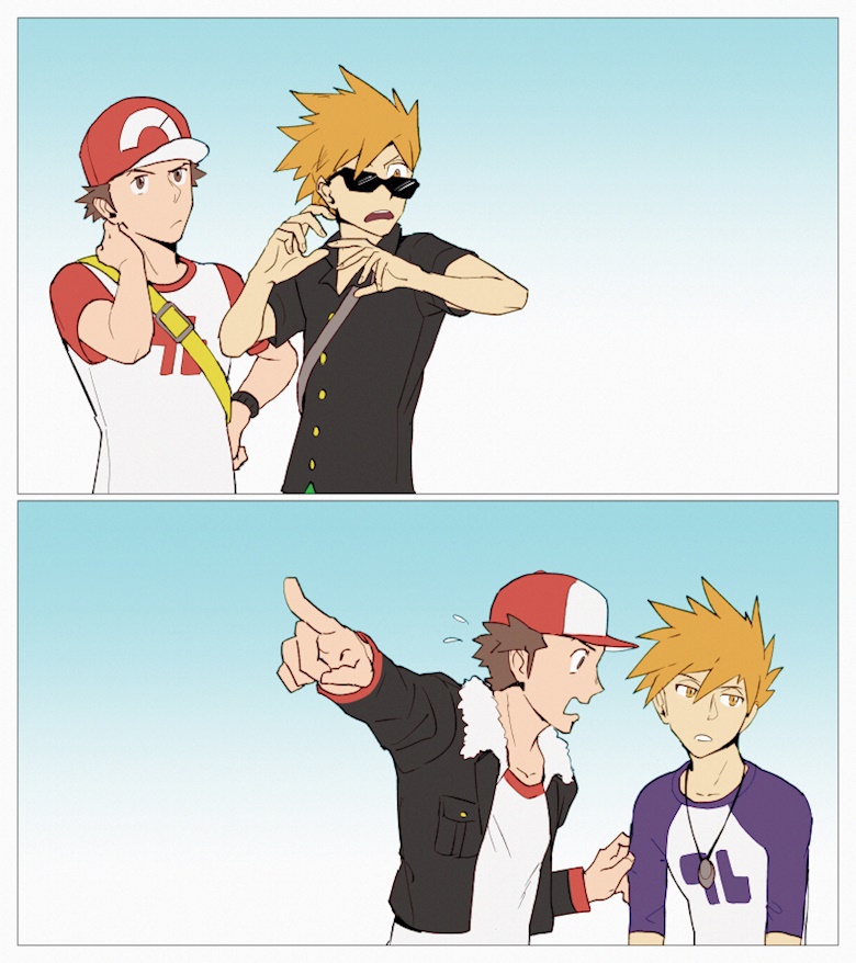 2boys alternate_costume black_jacket blue_oak brown_eyes brown_hair buttons closed_mouth collared_shirt commentary flying_sweatdrops go-lurk hand_up hat jacket jewelry male_focus multiple_boys necklace nintendo open_clothes open_jacket parted_lips pointing pokemon pokemon_sm raglan_sleeves red_(pokemon) red_headwear shirt short_hair short_sleeves spiked_hair strap sunglasses t-shirt white_shirt