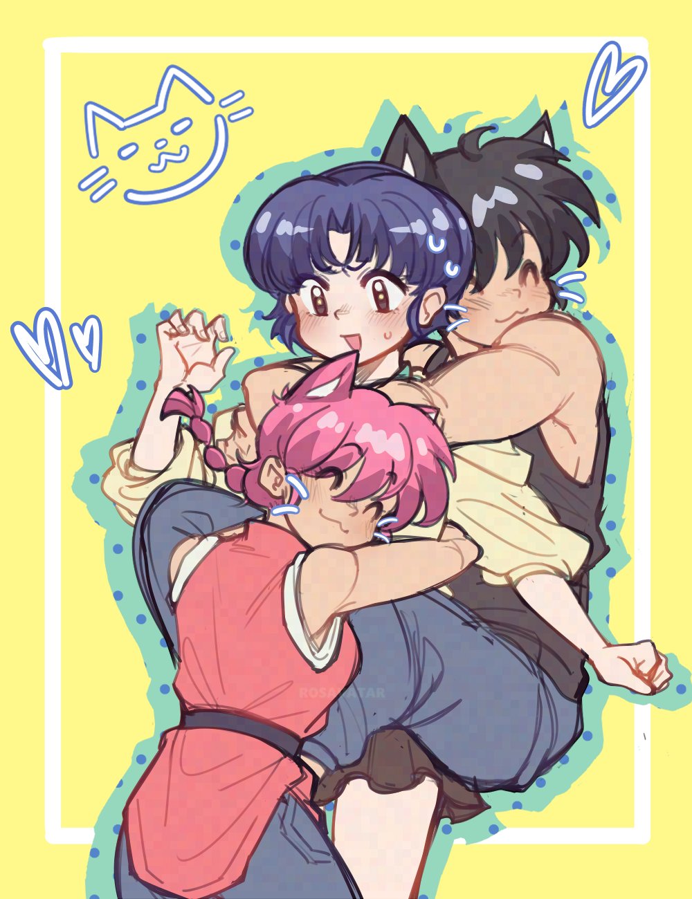 2girls blue_hair cat chinese_clothes highres hug multiple_girls open_mouth ranma-chan ranma_1/2 red_hair rosavatar1 saotome_ranma short_hair smile tangzhuang tendou_akane yellow_background